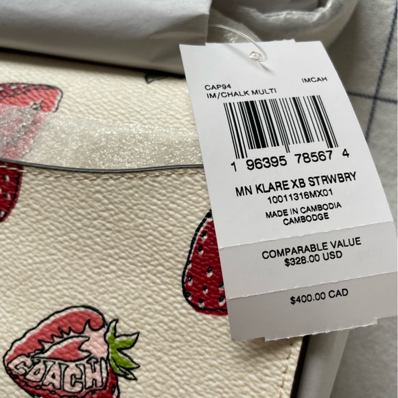 NWT  Coach Mini Klare Crossbody Bag With Strawberry Print In Canvas/Chalk CAP94 - Picture 5 of 12